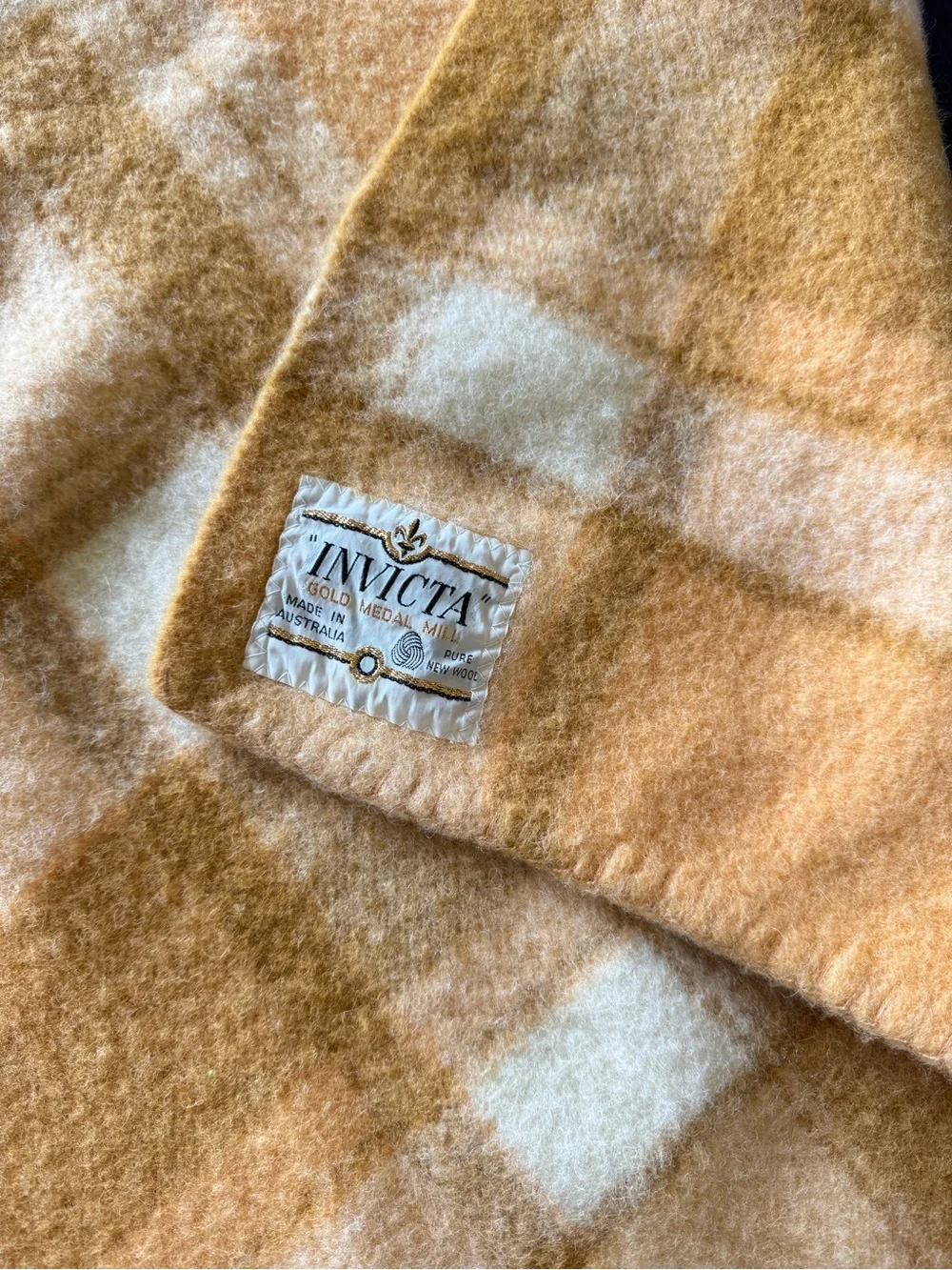 Invicta Australian Wool Plaid Throw Blanket Camel Cream Plaid Check 57x80 Queen
